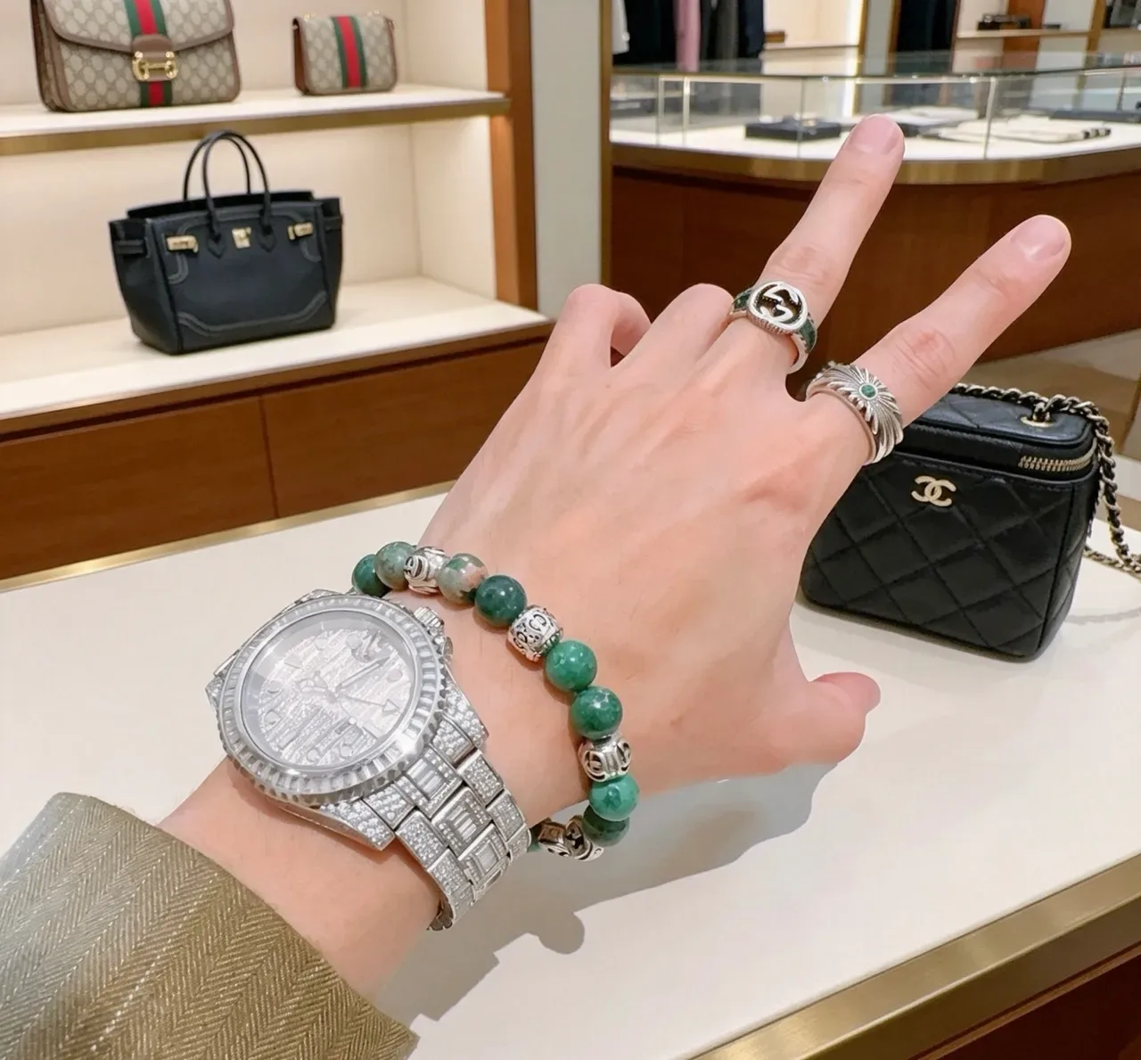 Gucci Beaded Stone and Silver-Tone Interlocking G Bracelet 8