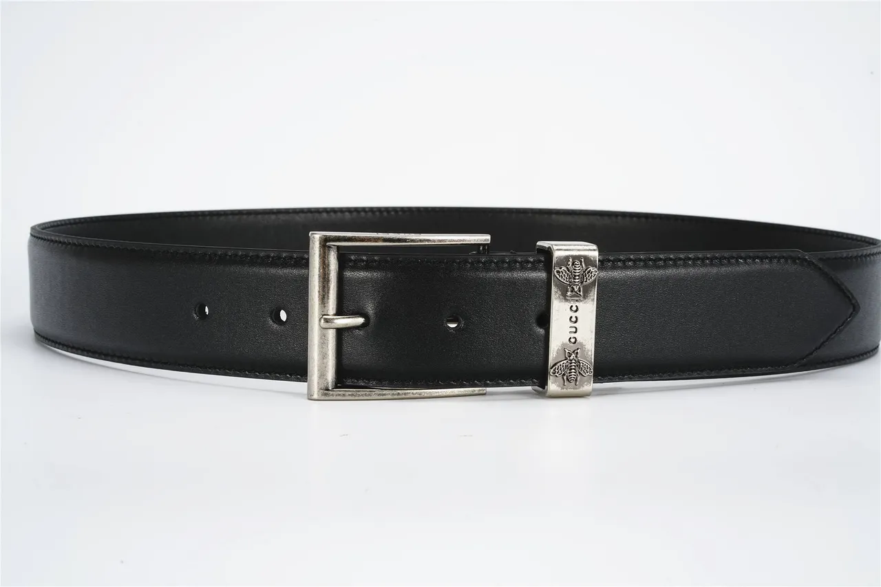 Gucci Bee Motif Black Silver Smooth Antiqued Buckle Leather Belt 8