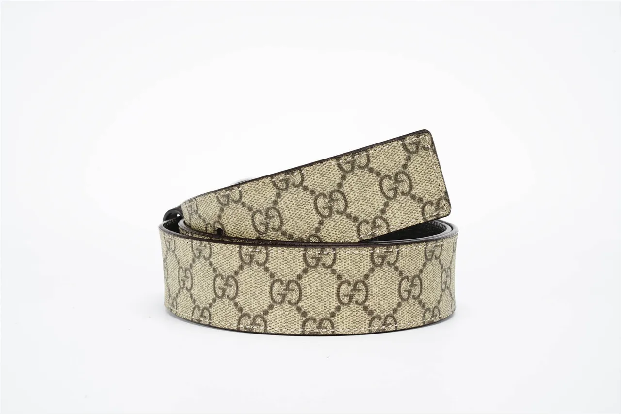 Gucci Beige Black Interlocking G Buckle GG Monogram Canvas Leather Belt 3