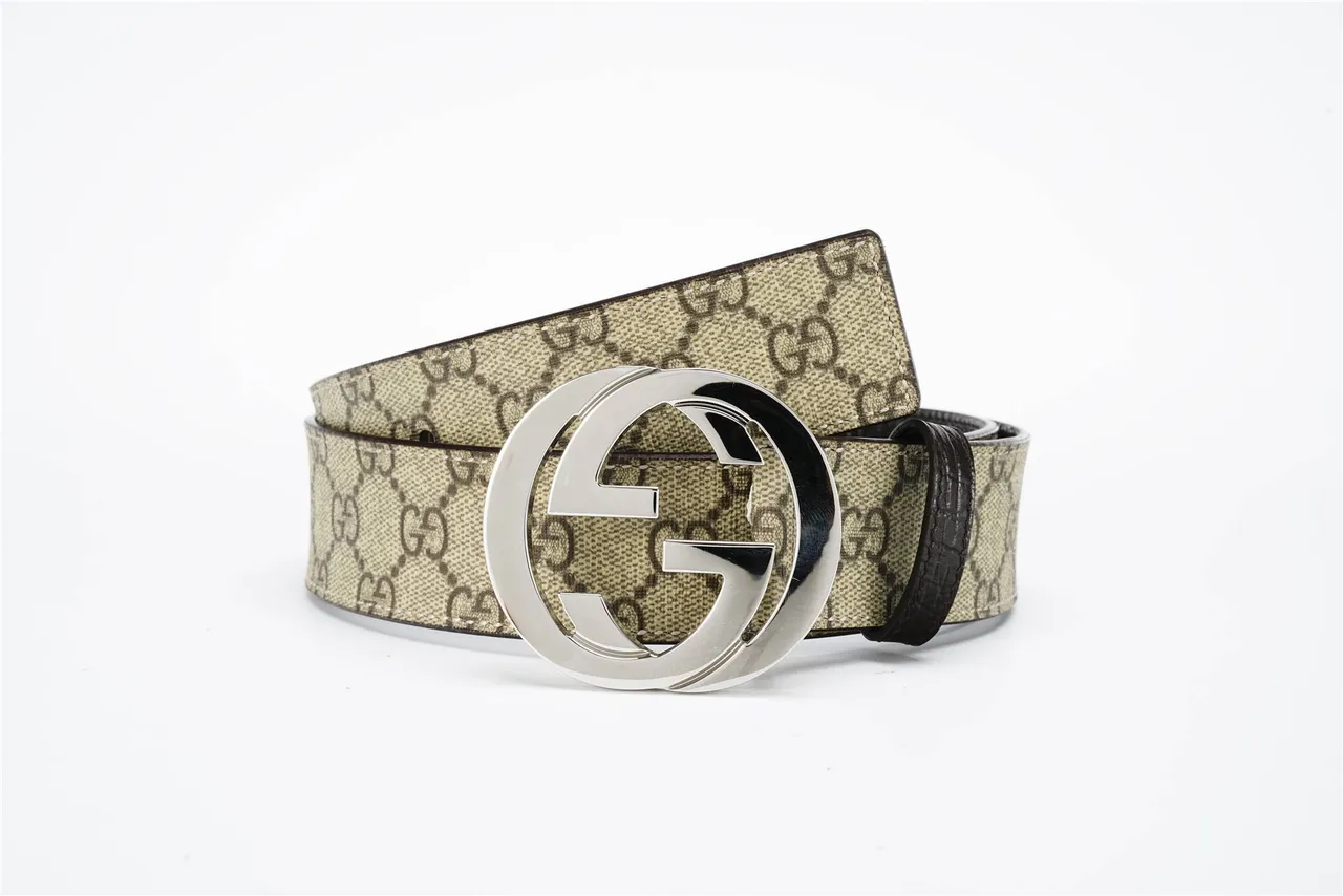 Gucci Beige Black Interlocking G Buckle GG Monogram Canvas Leather Belt 4
