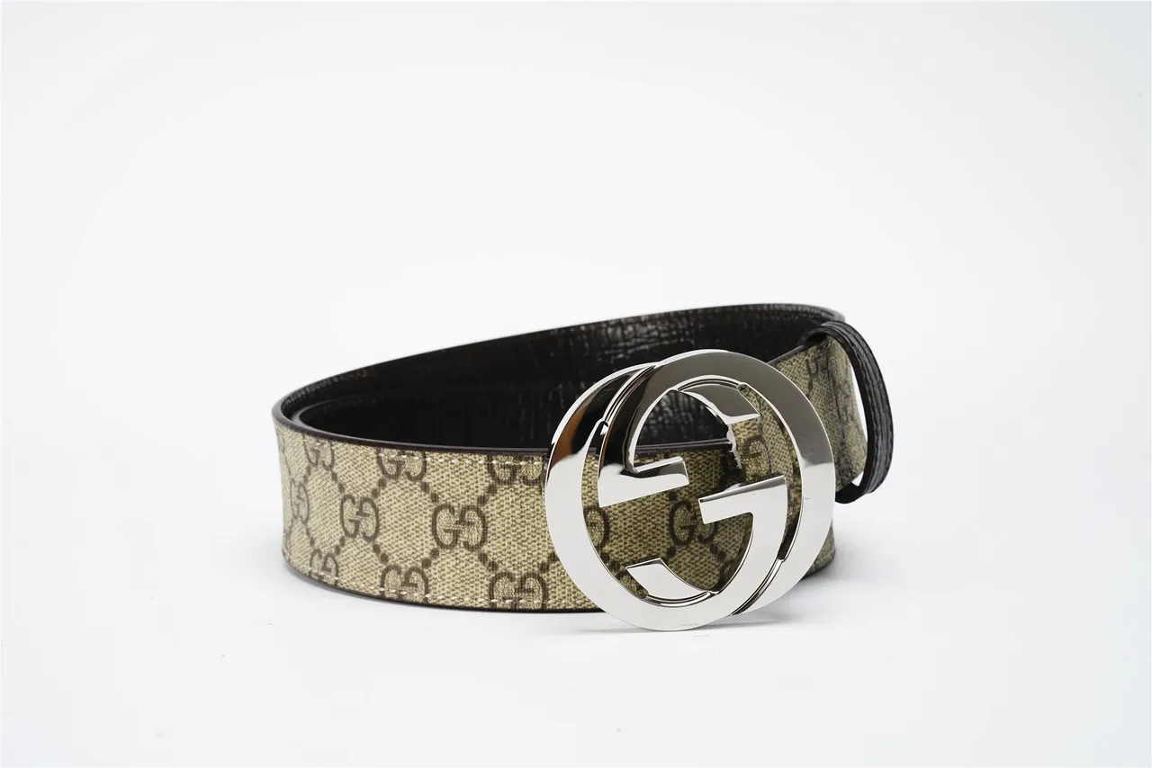 Gucci Beige Black Interlocking G Buckle GG Monogram Canvas Leather Belt 5