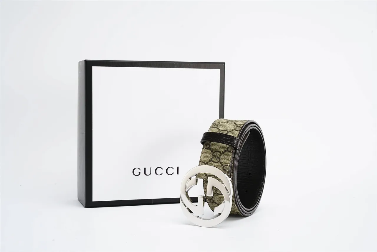 Gucci Beige Black Interlocking G Buckle GG Monogram Canvas Leather Belt 7