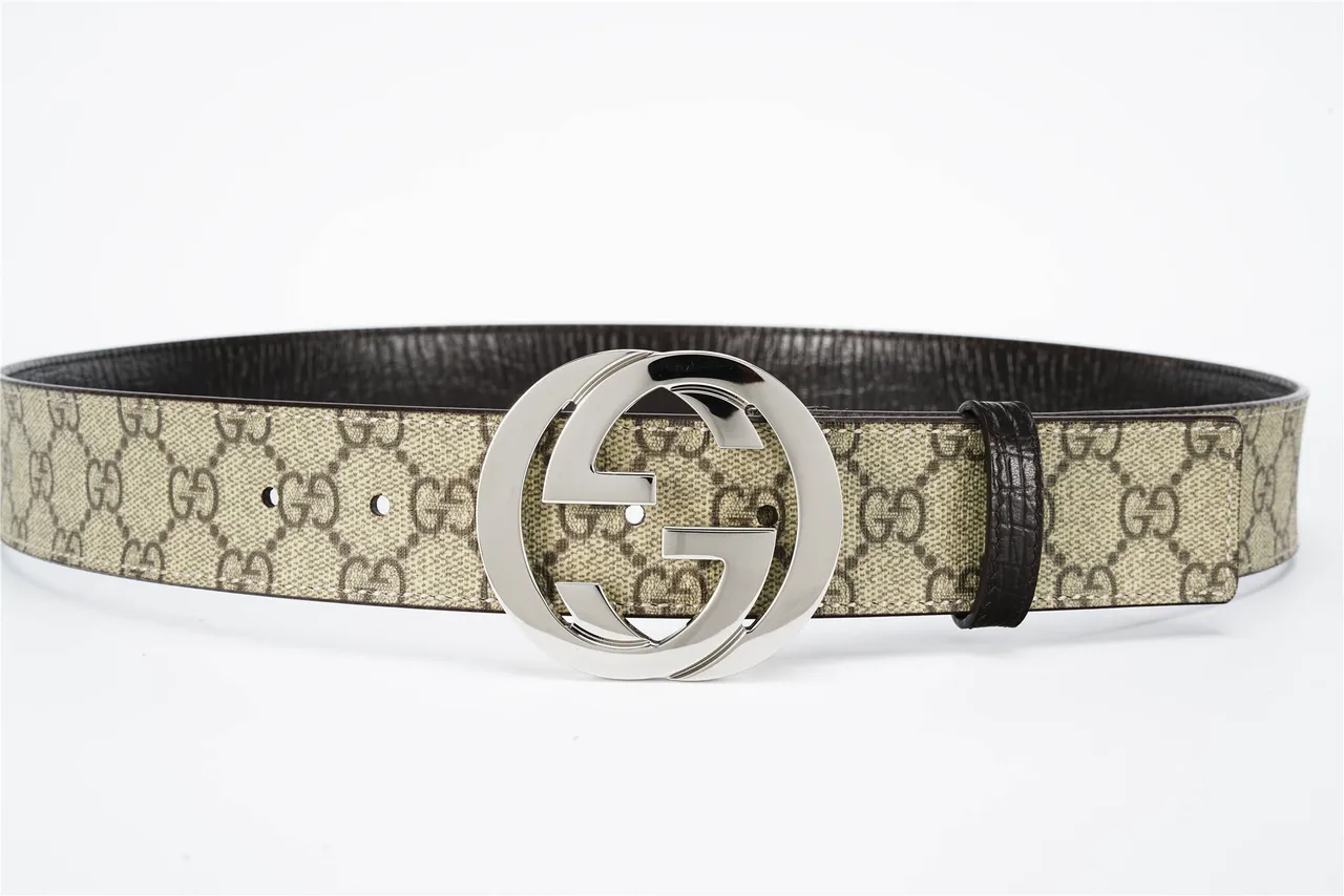 Gucci Beige Black Interlocking G Buckle GG Monogram Canvas Leather Belt 9