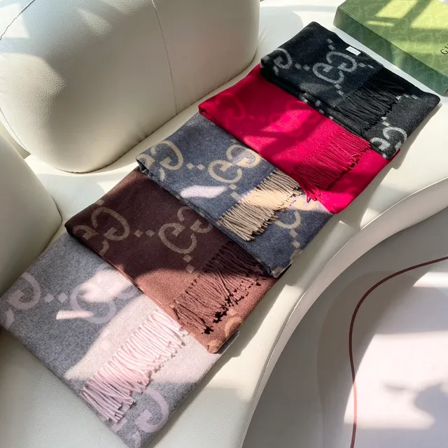 Gucci Beige Blue Woven Geometric Pattern Cashmere Scarf 3