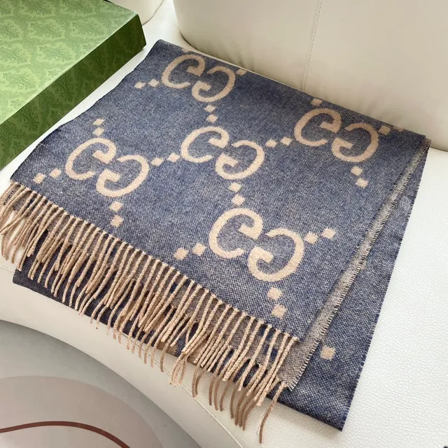Gucci Beige Blue Woven Geometric Pattern Cashmere Scarf 5