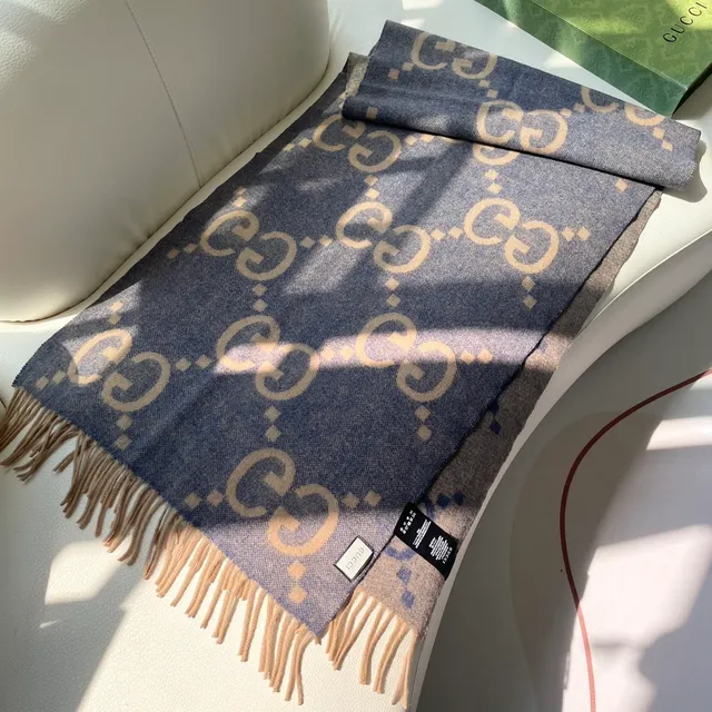 Gucci Beige Blue Woven Geometric Pattern Cashmere Scarf 6