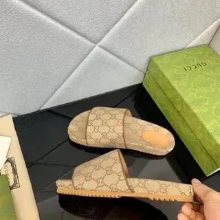Gucci Beige Brown GG Monogram Canvas Single-Strap Slide Slippers