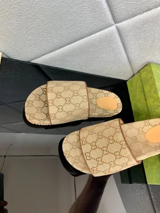 Gucci Beige Brown GG Monogram Canvas Single-Strap Slide Slippers 4