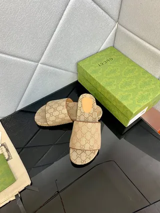 Gucci Beige Brown GG Monogram Canvas Single-Strap Slide Slippers 5