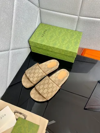 Gucci Beige Brown GG Monogram Canvas Single-Strap Slide Slippers 6
