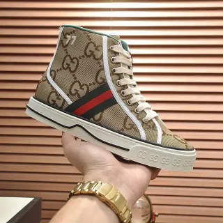 Gucci Beige Brown High-Top Monogram Canvas Lifestyle Sneakers