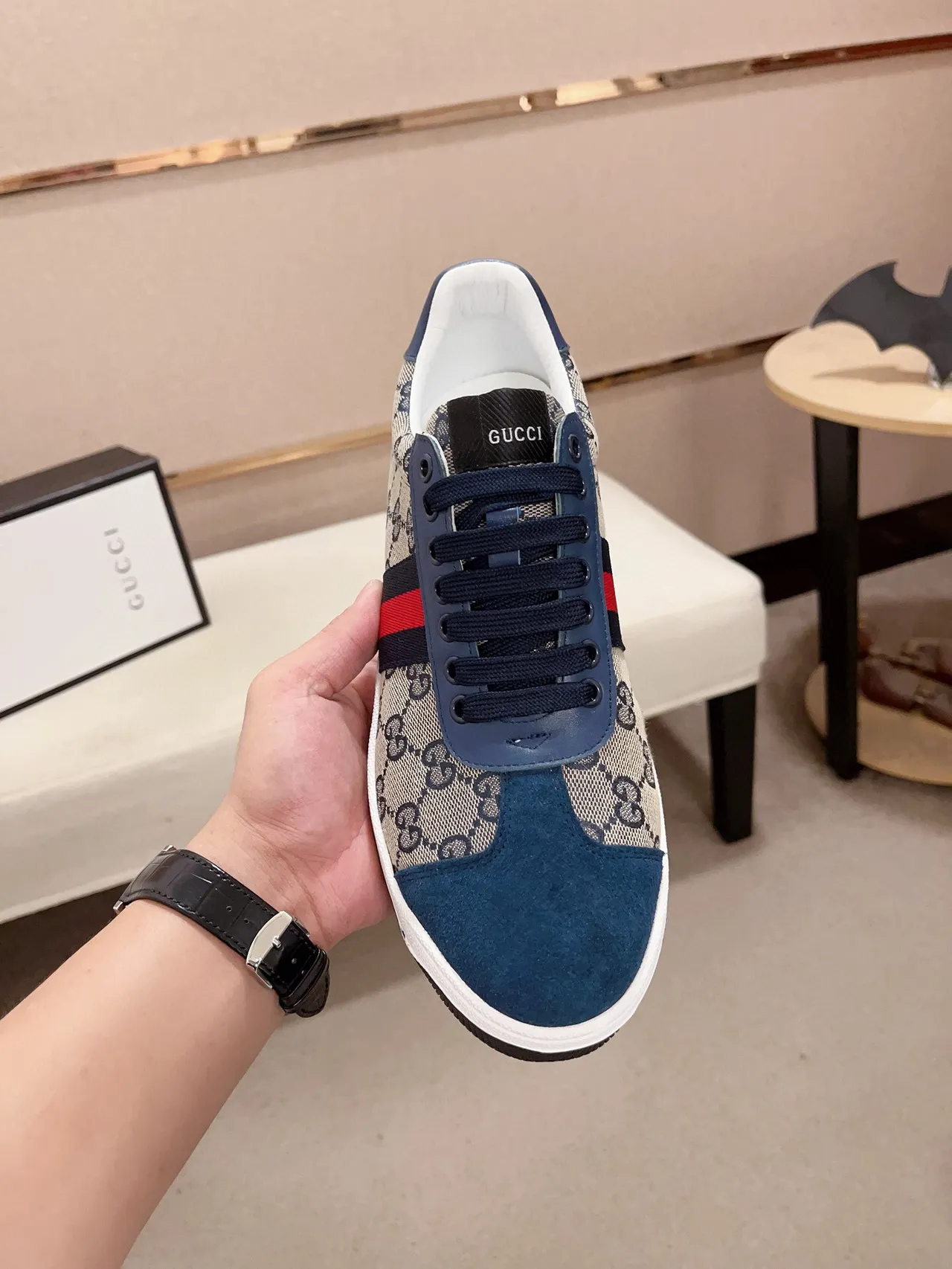 Gucci Beige Navy GG Monogram Canvas Suede Overlays Lifestyle Sneakers 2
