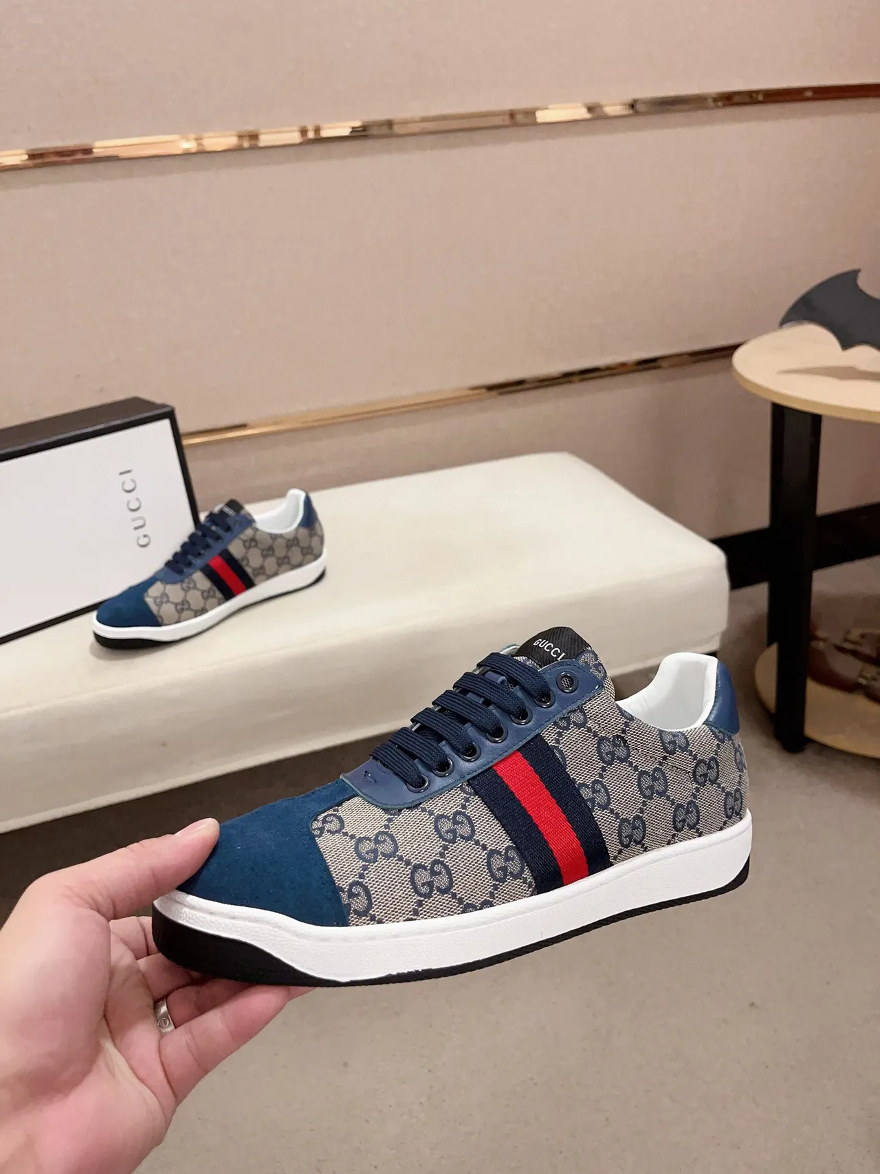 Gucci Beige Navy GG Monogram Canvas Suede Overlays Lifestyle Sneakers 3