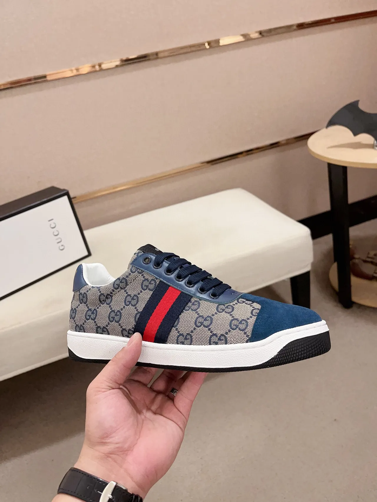 Gucci Beige Navy GG Monogram Canvas Suede Overlays Lifestyle Sneakers 4