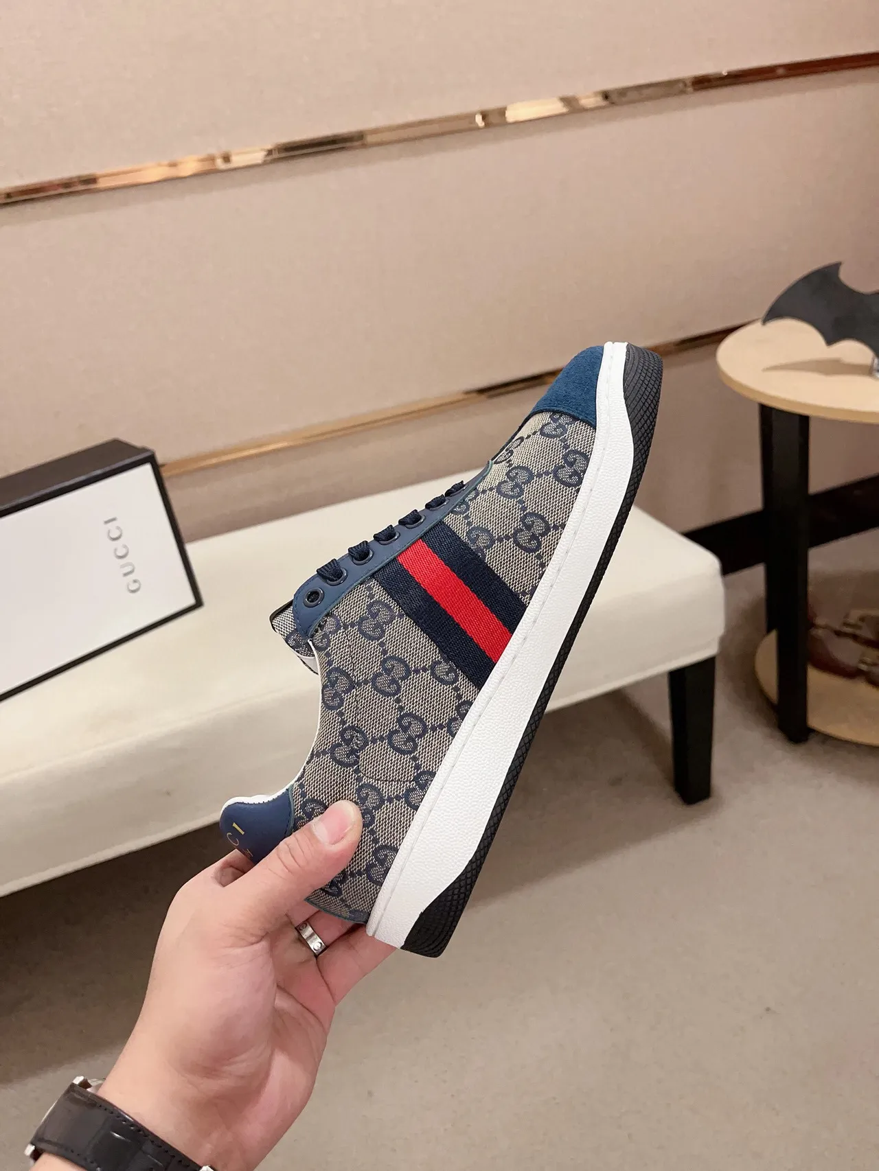 Gucci Beige Navy GG Monogram Canvas Suede Overlays Lifestyle Sneakers 5