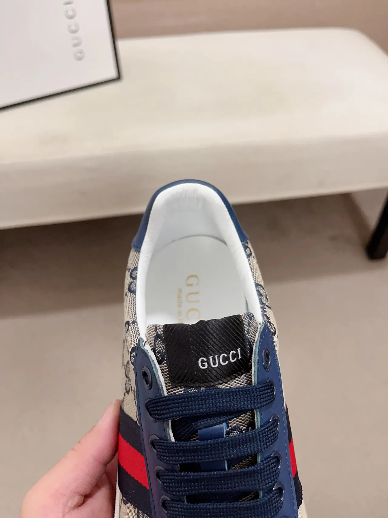 Gucci Beige Navy GG Monogram Canvas Suede Overlays Lifestyle Sneakers 6