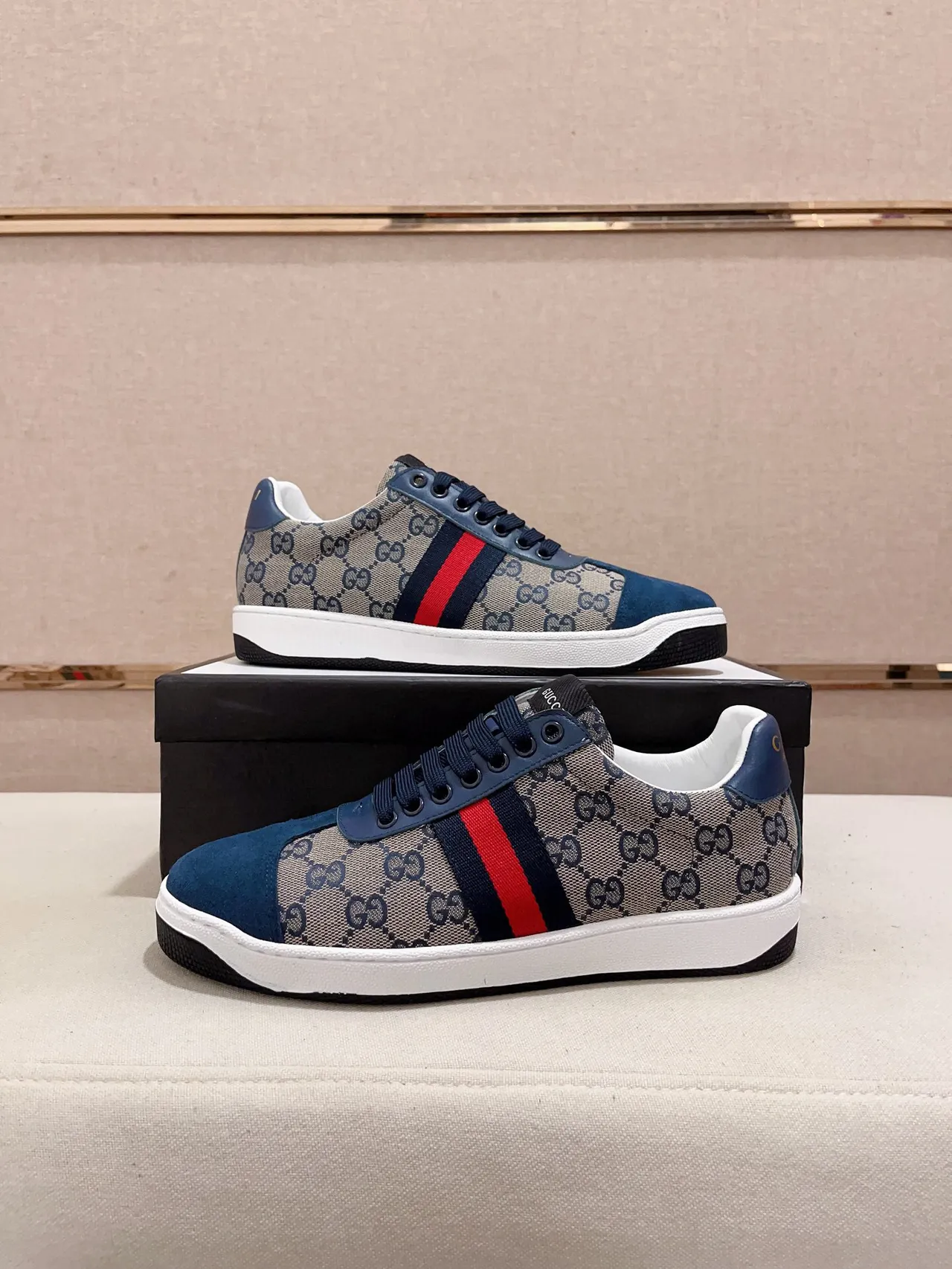 Gucci Beige Navy GG Monogram Canvas Suede Overlays Lifestyle Sneakers 7