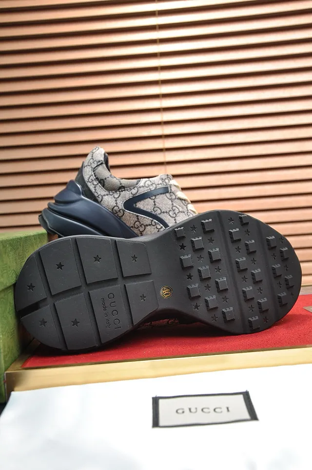 Gucci Beige Navy GG Monogram Canvas Wave Overlays Chunky Sneakers 2