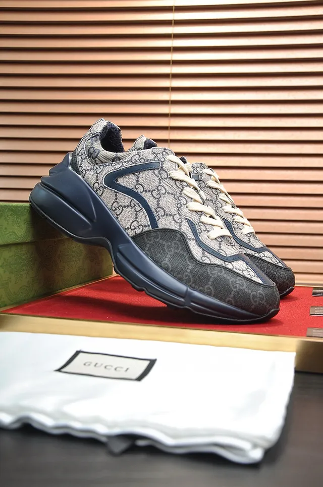 Gucci Beige Navy GG Monogram Canvas Wave Overlays Chunky Sneakers 3