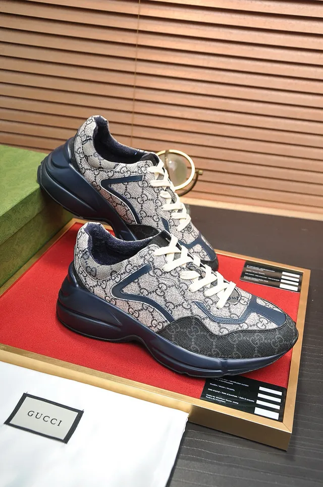 Gucci Beige Navy GG Monogram Canvas Wave Overlays Chunky Sneakers 6