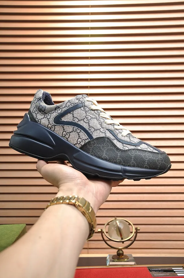 Gucci Beige Navy GG Monogram Canvas Wave Overlays Chunky Sneakers 8