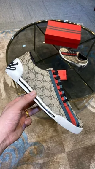 Gucci Beige Red GG Monogram Canvas Web Stripe Lifestyle Sneakers 2