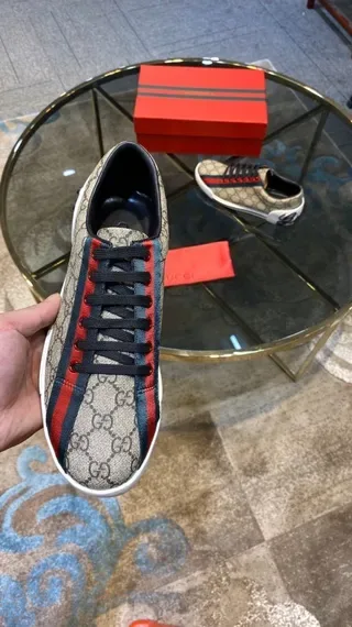 Gucci Beige Red GG Monogram Canvas Web Stripe Lifestyle Sneakers 4