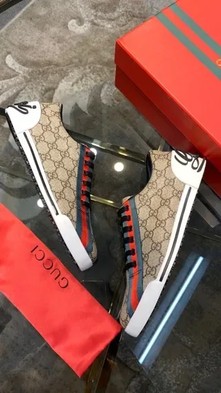 Gucci Beige Red GG Monogram Canvas Web Stripe Lifestyle Sneakers 5