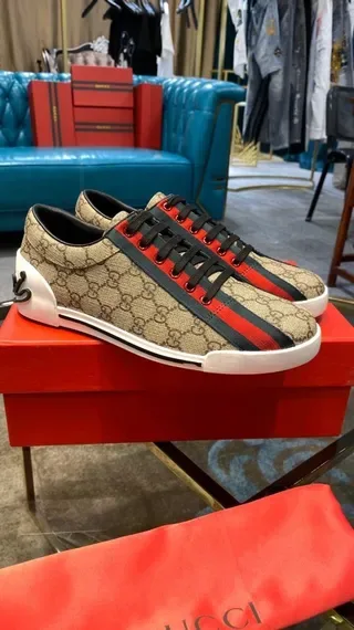 Gucci Beige Red GG Monogram Canvas Web Stripe Lifestyle Sneakers 6