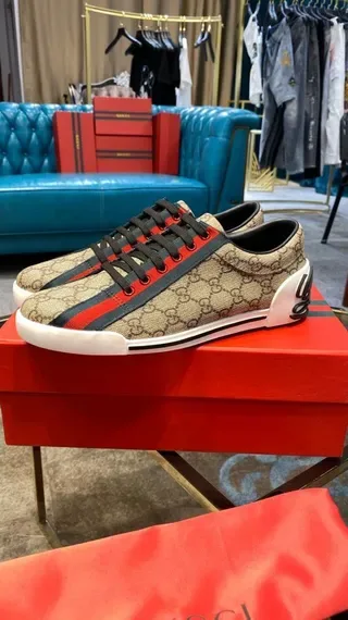 Gucci Beige Red GG Monogram Canvas Web Stripe Lifestyle Sneakers 7