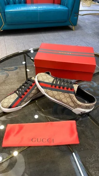 Gucci Beige Red GG Monogram Canvas Web Stripe Lifestyle Sneakers 8