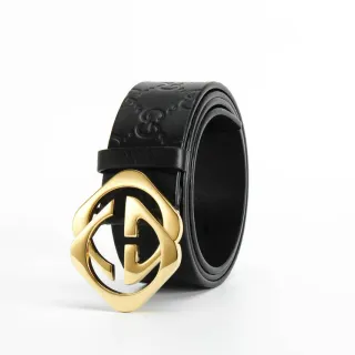 Gucci Black Gold GG-Embossed Polished Interlocking G Buckle Leather Belt