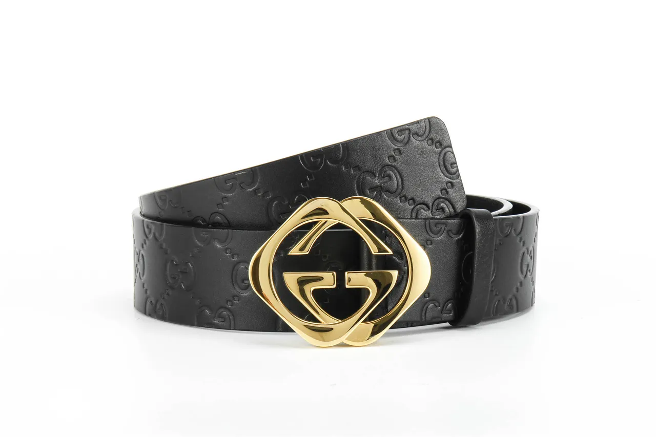 Gucci Cinto Preto Dourado GG-Embossed Polido Interlocking G Buckle Couro 4