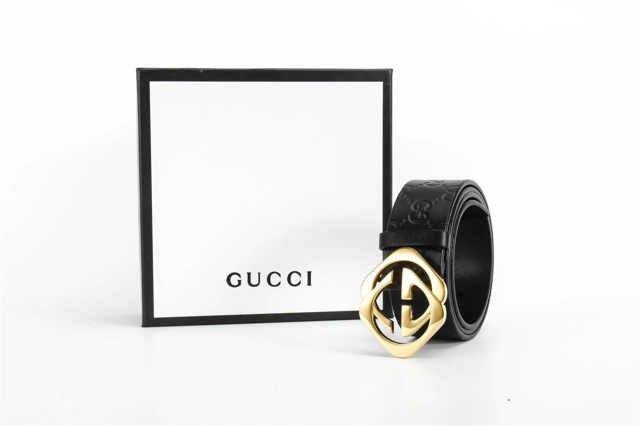 Gucci Cinto Preto Dourado GG-Embossed Polido Interlocking G Buckle Couro 7