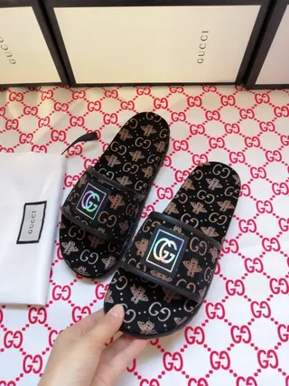 Gucci Black Gold Monogrammed Sole Iridescent Logo Strap Slippers 2