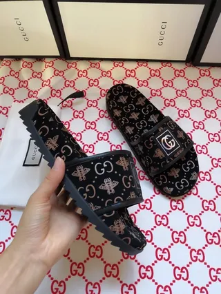 Gucci Black Gold Monogrammed Sole Iridescent Logo Strap Slippers 5