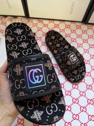Gucci Black Gold Monogrammed Sole Iridescent Logo Strap Slippers 6