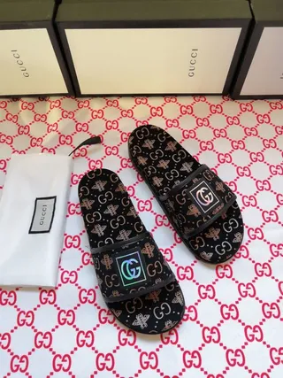 Gucci Black Gold Monogrammed Sole Iridescent Logo Strap Slippers 8