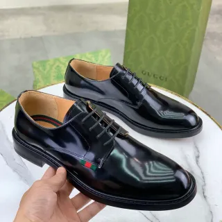 Gucci Black Green High-Gloss Leather Cap-Toe Oxford Shoes