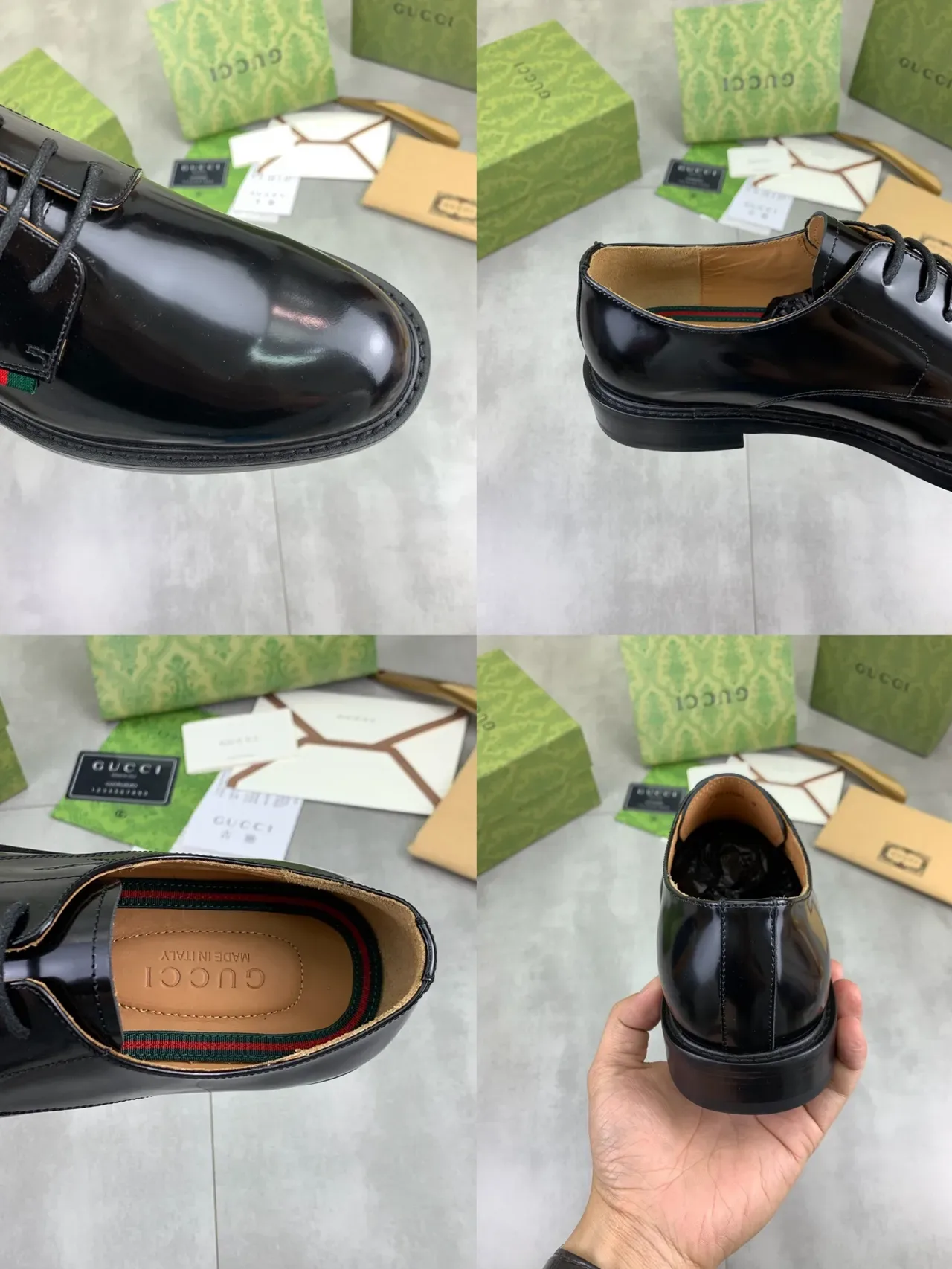 Gucci Chaussures Oxford Noir Vert Cuir Brillant Embout Rond 2