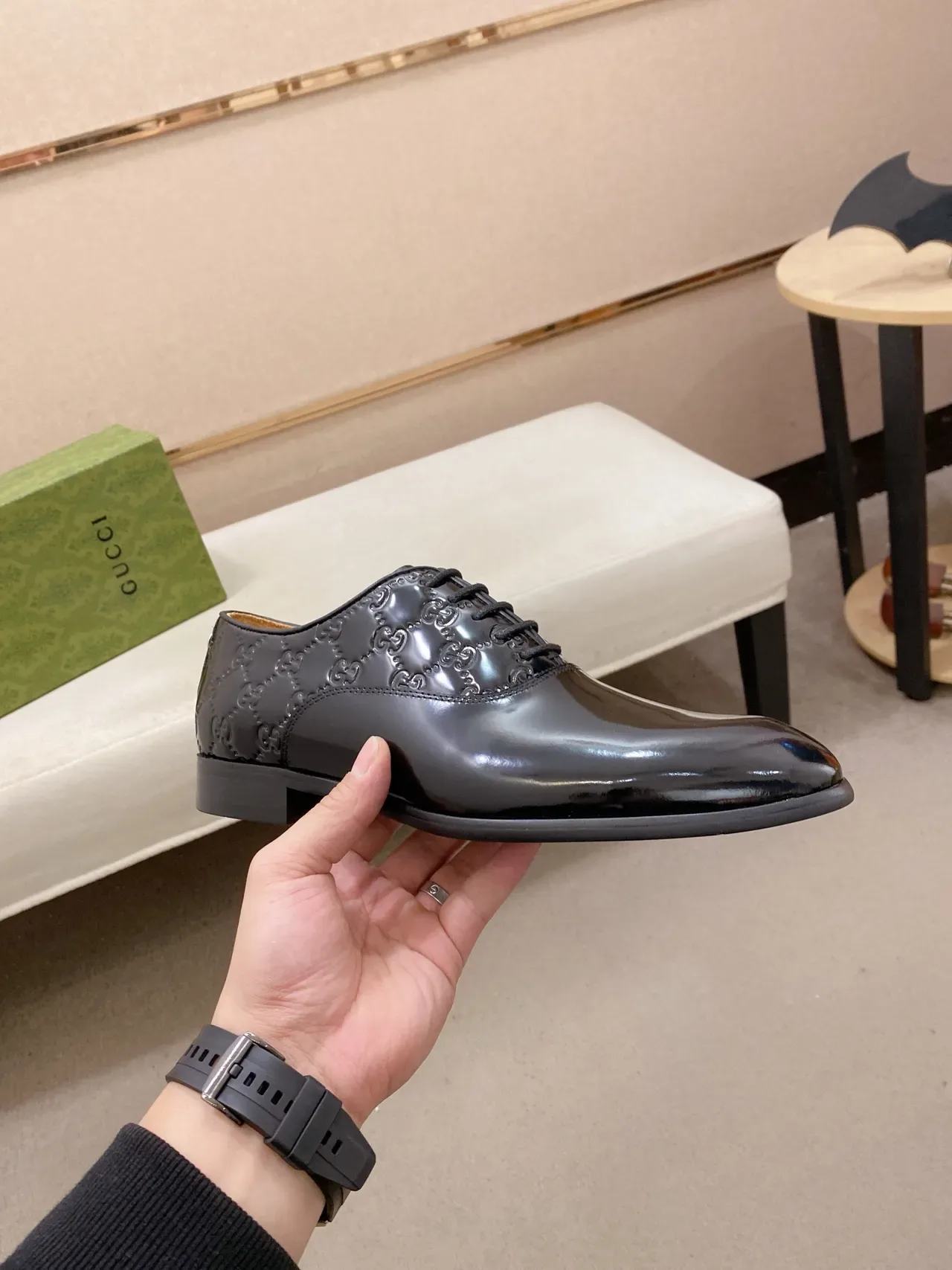 Gucci Black Green Patent Leather GG Monogram Embossed Oxford Shoes 5