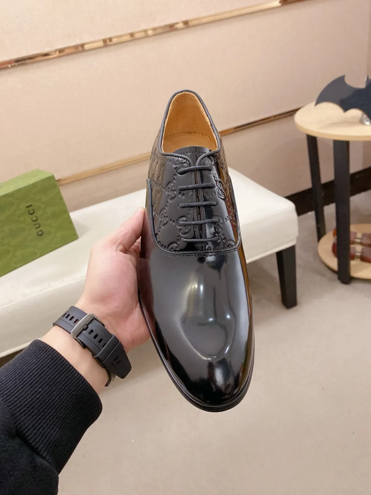 Gucci Black Green Patent Leather GG Monogram Embossed Oxford Shoes 6