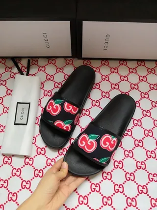 Gucci Black Multicolor Printed Strap Apple Motif Slippers 2