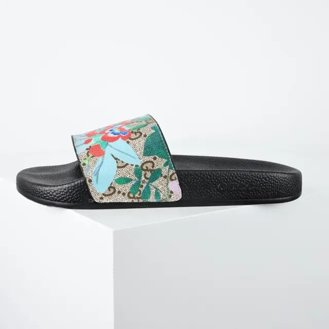 Gucci Black Multicolor Single-Strap Slide GG Monogram Canvas Slippers 9