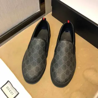 Gucci Black Red GG Monogram Canvas Leather Trim Loafer