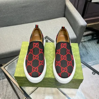 Gucci Black Red GG Monogram Canvas Slip-On Construction Lifestyle Sneakers