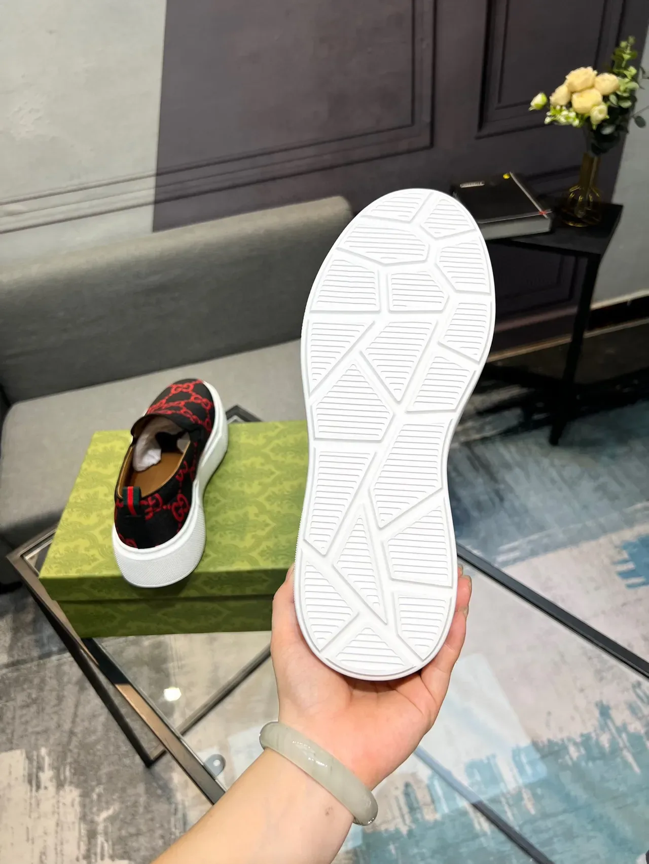 Gucci Noir Rouge GG Monogram Toile Slip-On Construction Lifestyle Sneakers 5