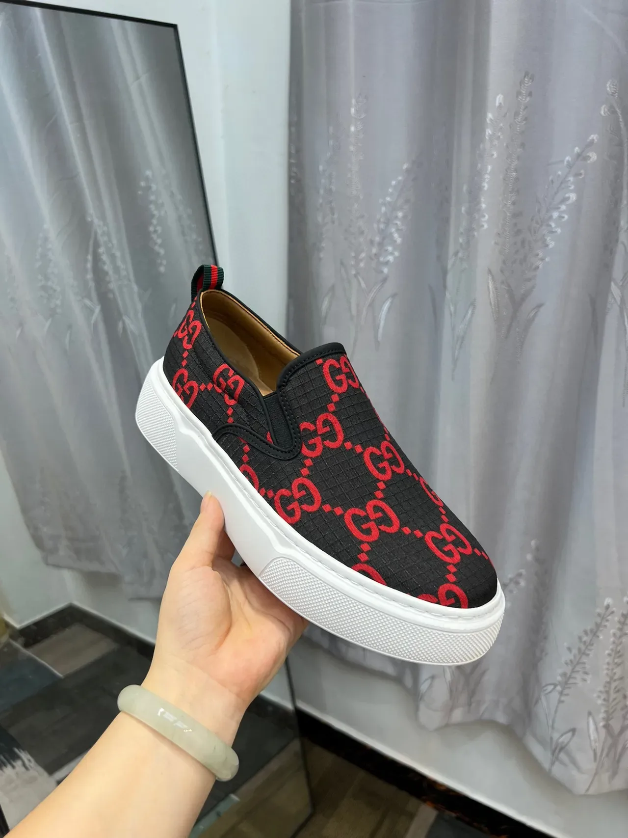 Gucci Noir Rouge GG Monogram Toile Slip-On Construction Lifestyle Sneakers 6