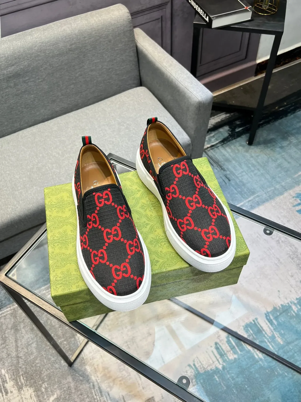 Gucci Noir Rouge GG Monogram Toile Slip-On Construction Lifestyle Sneakers 7