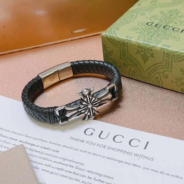 Gucci Black Silver Braided Leather Metal Cross Motif Bracelet 2